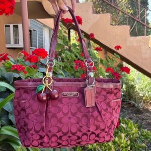 Coach Red Tote Bag with Signature Monogram and Leather Trim